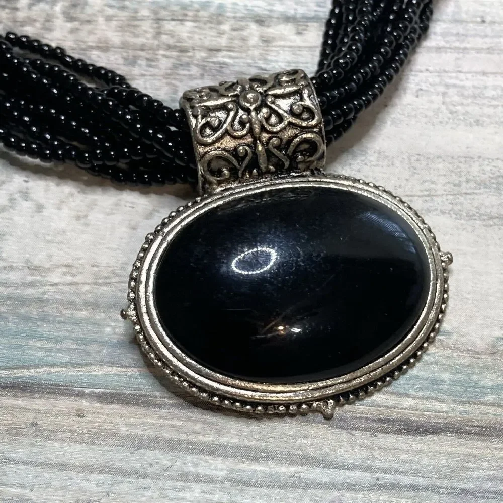 Black Multi-Strand Seed Bead Necklace Pendant ‎ 15